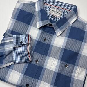 Flag & Anthem Men's‎ XL Long Sleeve Button Front Flip Cuff Plaid Navy Blue White